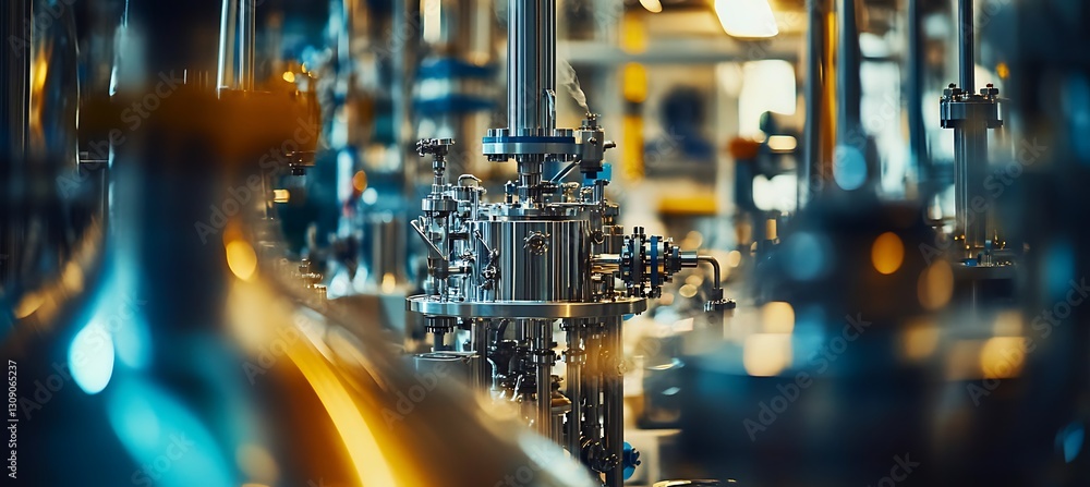 Poster a wide angle view of a chemical factory with engineers and a soft focus background.