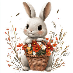 Cute cartoon Easter bunny holding a basket of flowers on a white background. Whimsical vertical illustration for greeting cards, festive designs, and seasonal decorations.