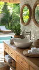 Tropical bathroom vanity with pool view