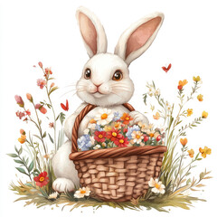 Cute cartoon Easter bunny holding a basket of flowers on a white background. Whimsical vertical illustration for greeting cards, festive designs, and seasonal decorations.