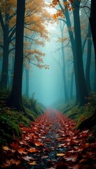 Obraz premium Foggy forest with wet leaves scattered on the ground, mist, leaves