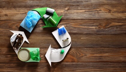recycling symbol with different garbage / waste on wooden background