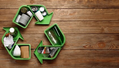 recycling symbol filled with garbage on wooden background