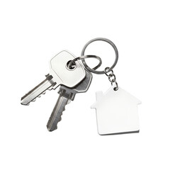 Two silver keys attached to a house shape keychain, isolated on a white and transparent background, representing security and property investment.