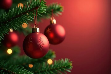 Fototapeta premium Gold and red ornaments hanging from a fir branch, decoration, red
