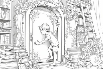 A magical black and white line art illustration of a little boy discovering a secret door in his bedroom that leads to a magical world filled with wonders.