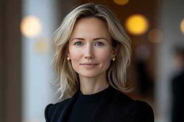 Fototapeta premium Blonde woman portrait, indoor, bokeh background