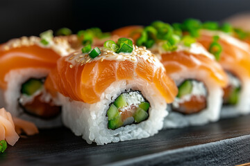 Colorful salmon sushi rolls with fresh ingredients served on a black plate at a restaurant during dinner