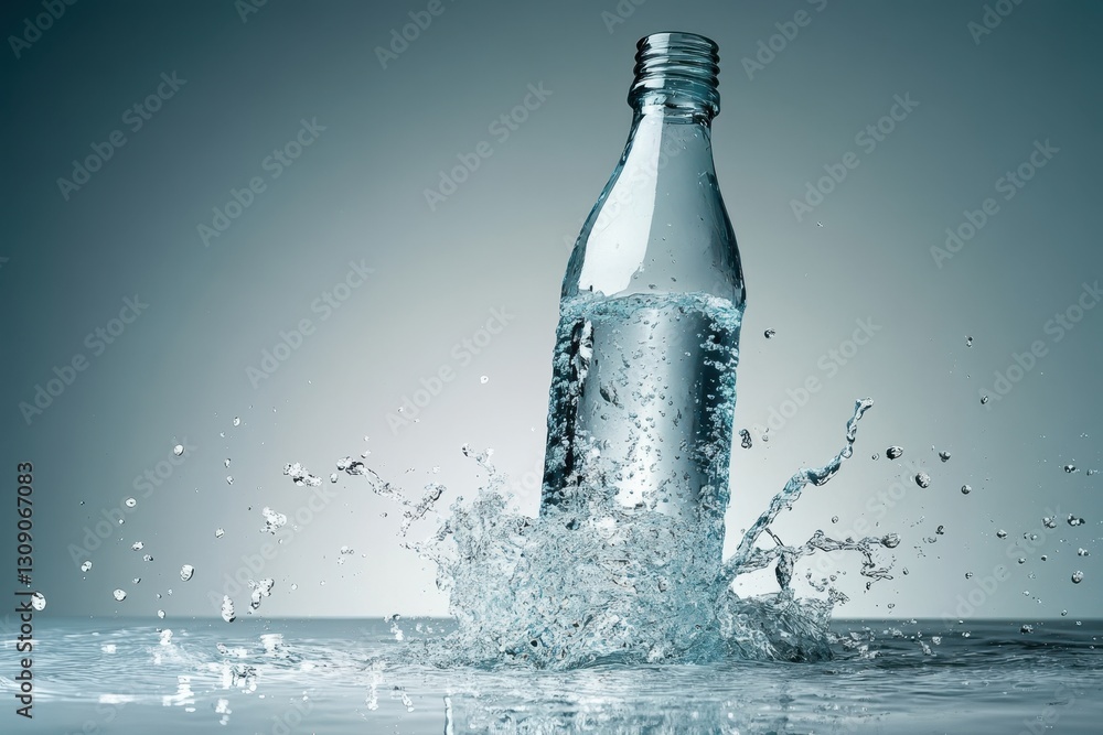 Poster splashing water from a bottle creates a dynamic moment in a minimalistic setting