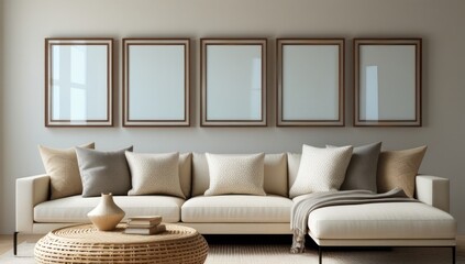 Five empty frames mockup in beige living room interior background with sofa, poster frame mockup design, mockup frame