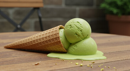 Melting Pistachio Ice Cream Cone on Wooden Table, with copy space