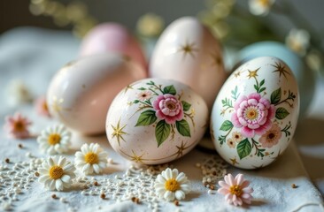 Obraz premium Decorated Easter eggs with floral designs. 