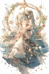 Character with aqua hair and white dress adorned with a flower accessory
