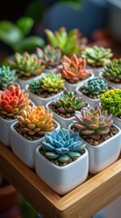 Succulent garden bursting with color arranged in elegant ceramic pots