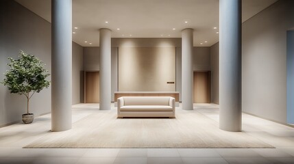 Fototapeta premium Elegant and Modern Lobby Interior with Sofa, Columns, and Planter in Minimalist Design