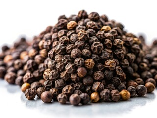 High-resolution aerial shot: scattered black peppercorns contrast dramatically against a pristine white background.