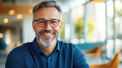 Obraz premium Middle-aged man smiles confidently in bright modern office setting