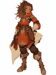 Naklejka premium Dynamic character stands against plain background wearing detailed brown orange costume intricate patterns looking directly viewer slight smile