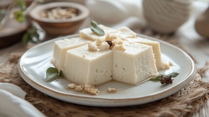 Silken Tofu Cubes Garnished with Nuts and Herbs on a Rustic Plate