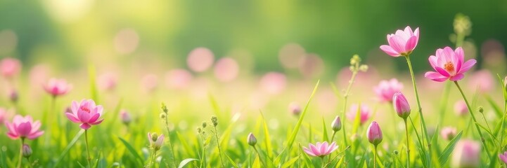 Fototapeta premium Pastel pink wildflowers swaying in gentle spring breeze, meadow, green grass, pastel colors
