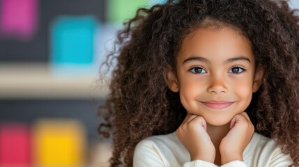 Smiling student enjoys learning with teacher at children's foundation