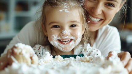 Mother and daughter enjoy creative baking with powdered sugar fun