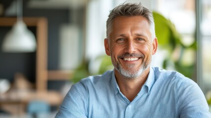 Obraz premium Middle-aged man shares insights in a bright modern office meeting