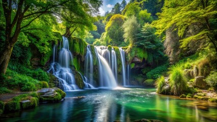 Obraz premium High-resolution panoramic view of Saint-Rome-de-Tarn's waterfall, showcasing lush foliage and tranquil nature.