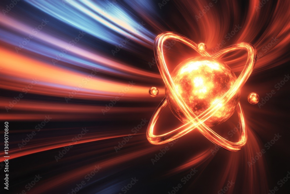 Aufkleber conceptual representation of an atom in motion with vibrant colors and dynamic energy flow