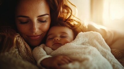 Mother gently cradling her little sleeping baby boy in a warm embrace