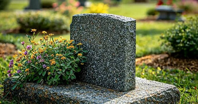 Gray Granite Headstone with Yellow and Purple Flowers and Plants In a Cemetery Setting. A Peaceful Scene. An Outdoor Memorial. A Gravestone. A Peaceful Memorial. A Peaceful Scene at Daytime. A