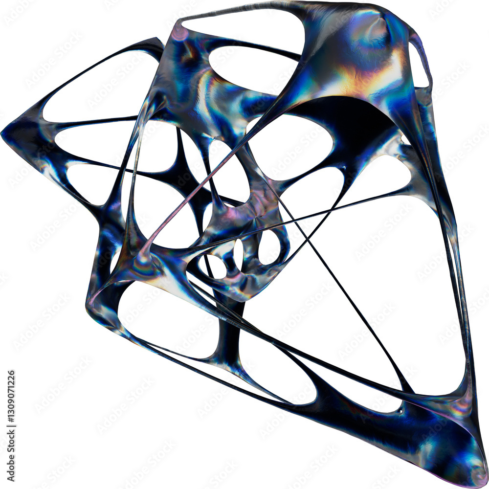 Poster organic 3d structure with iridescent surface and interconnected spires, showcasing a futuristic and 