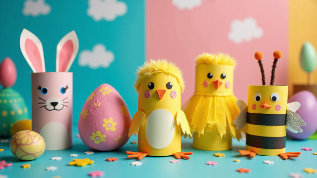 Eco-Friendly Easter Crafts: Kindergarten Decorations Made from Recycled Toilet Paper Rolls for Educational and Sustainable Art Projects