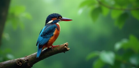 A Vibrant Kingfisher Perched on a Branch, Amidst Lush Green Foliage, Displaying its Striking Blue and Orange Plumage