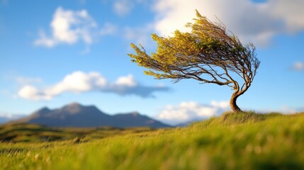 Swaying tree dances with the wind under a vibrant sky