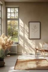 Charming Scandinavian interior bathed in warm light and natural textures