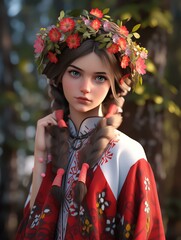 Young woman in traditional Ukrainian attire with a floral headpiece