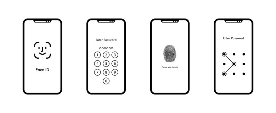 Smartphone authentication methods: face id, password, fingerprint, pattern lock. Vector icon