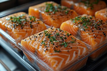 Fresh salmon portions ready for display in a seafood market setting