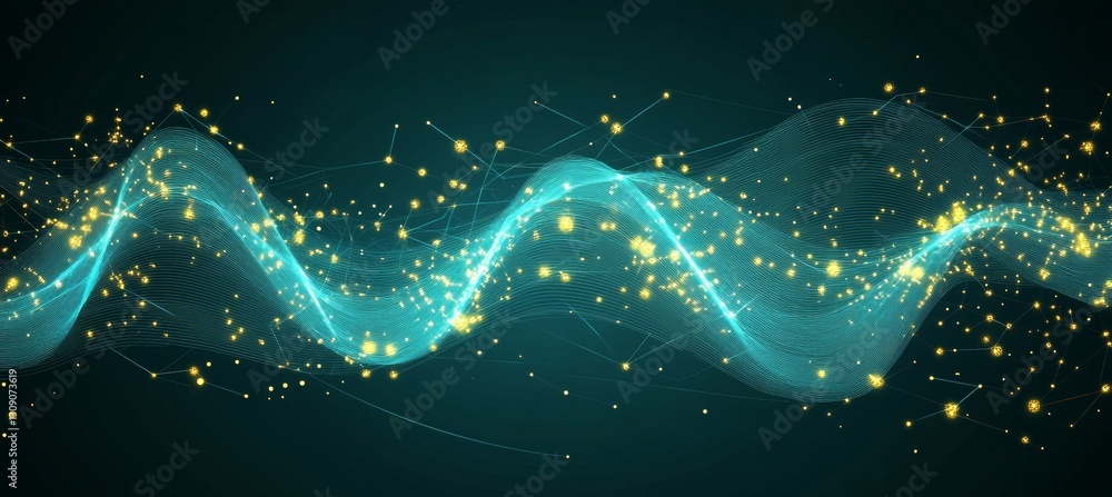 Poster abstract digital wave with glowing particles on blue background, technology data network concept.