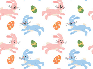 Naklejka premium Seamless pattern with blue and pink Easter bunnies and Easter eggs