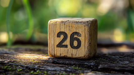 Wooden block with the number "26" sitting on a textured surface outdoors. Concept of counting, time, date, or numerals. For calendar design.