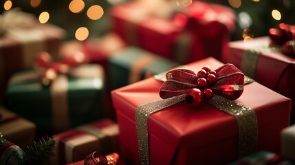 Many red and green presents are arranged on table. Christmas gifts for the family. Woman presents a box of chocolates to a man. A variety of red and green gifts are placed on lifestyle a table.
