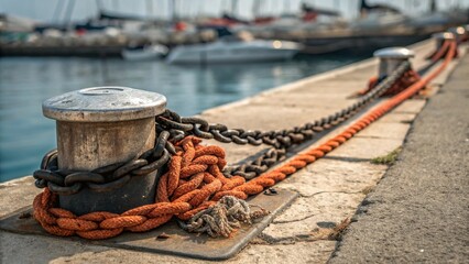 Fototapeta premium Bright orange mooring rope and a dark chain are neatly coiled around a sturdy boat cleat on a concrete dock, ready for use in a busy marina