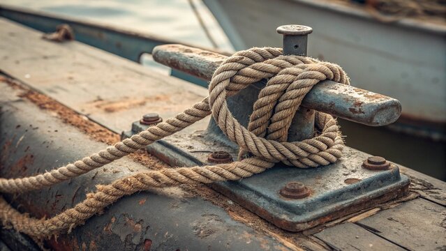 Boat rope tied off to a dock cleat, focusing on the functional beauty of nautical knots and the essential hardware for mooring vessels
