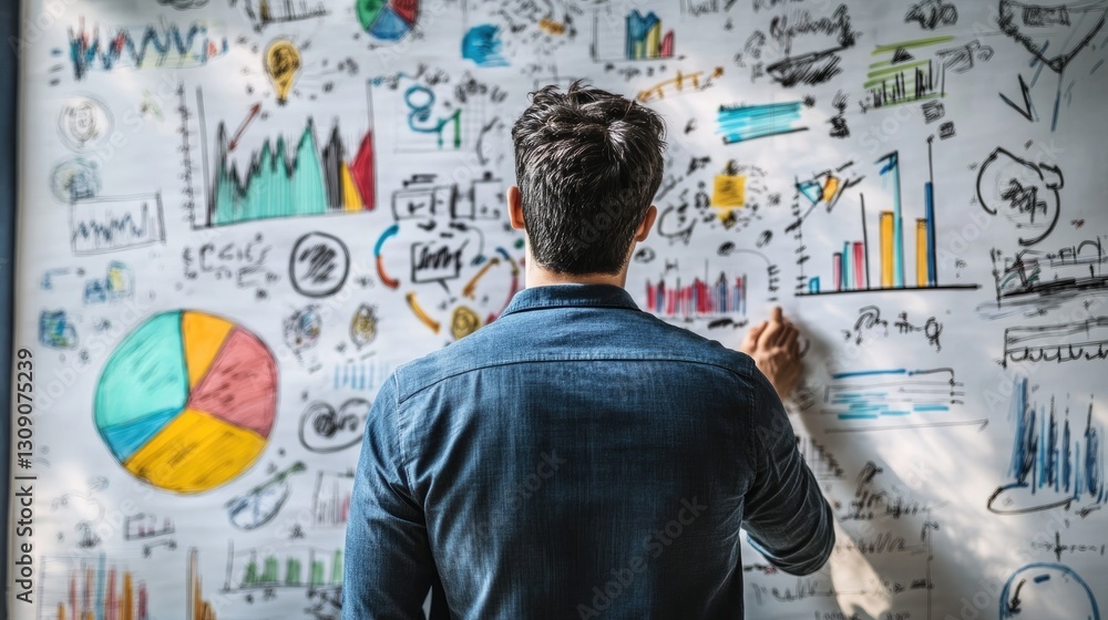 Aufkleber man reviewing data charts and graphs on a whiteboard for business planning and strategy