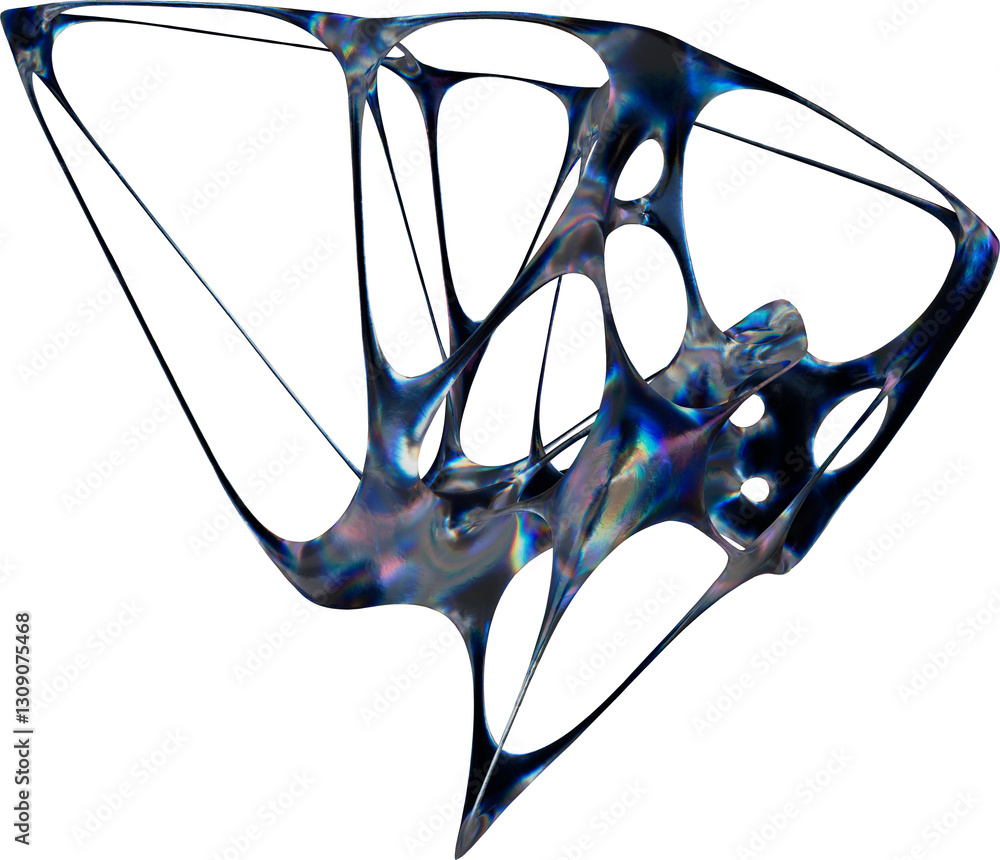 Poster organic 3d structure with iridescent surface and interconnected spires, showcasing a futuristic and 