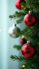 Sparkling red and silver Christmas balls on fir branch, ball, garland