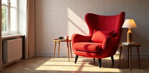 Sunlight streams into a room illuminating a crimson armchair and side tables