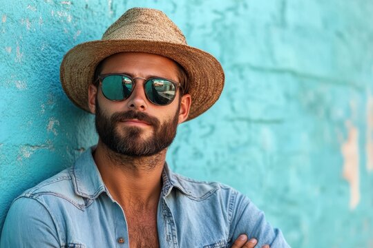 Stylish man with sunglasses and hat poses against a vibrant blue wall